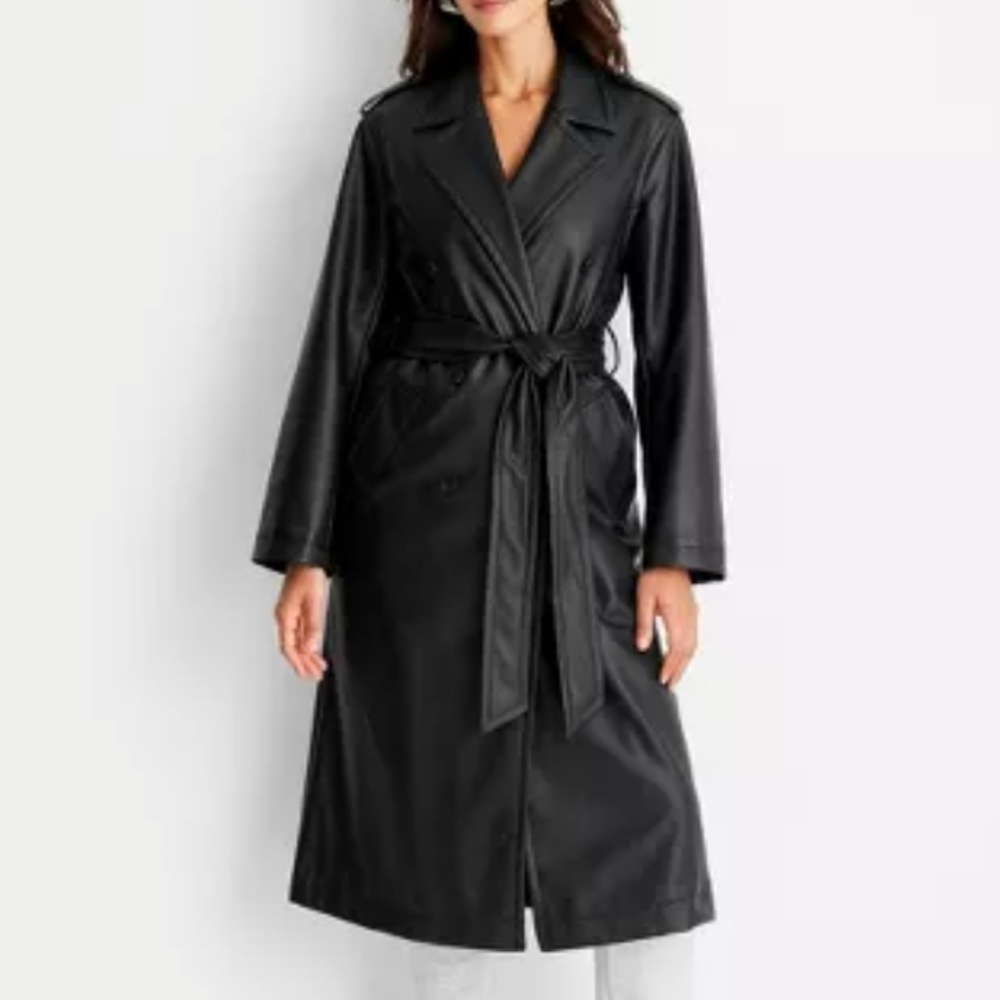 Black Faux Vegan Leather long belted Trench Coat S womens - Picture 1 of 13
